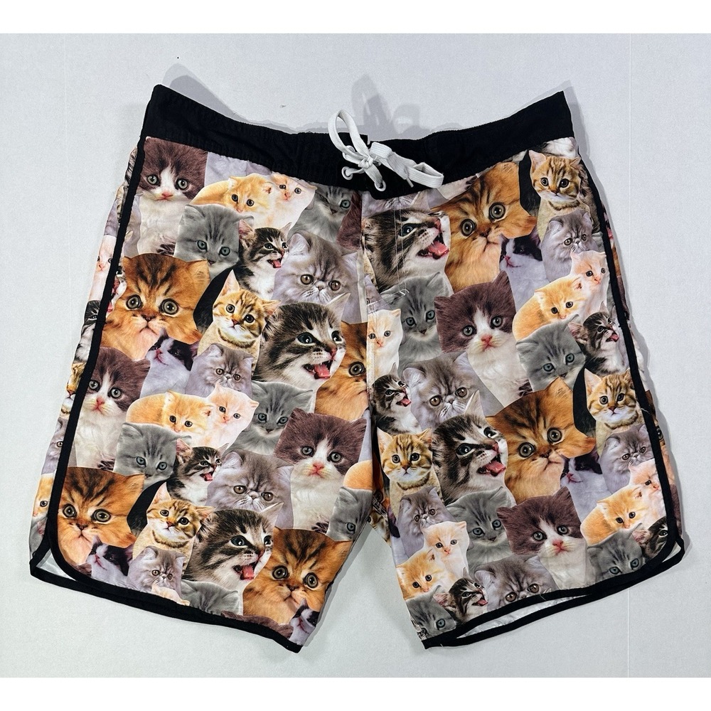 Bioworld Men's XXL Cat Print Swim Trunks Funny Kitten Board Shorts Mesh